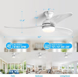 52 Inch Modern Ceiling Fan With 3 Color Dimmable Solid Wood Blades Remote Control Reversible DC W934P152321