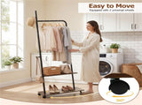 Industrial Rolling Clothing Rack with 2 Wooden Shelves & Hooks, Freestanding Garment Rack for 80127414