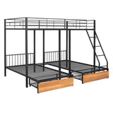 ZUN Full Over Twin & Twin Bunk Bed, Metal Triple Bunk Bed with Drawers and Guardrails, Black 03152856