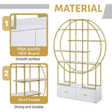 70.8 Inch Round Office Bookcase Bookshelf, Display Shelf, Two Drawers, Gold Frame WF306850AAG