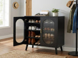 2-door shoe cabinet with high legs, internal 4-tier shelving, USB LED light strip, and 24-key 93886673