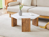 31-inch white marble-textured pentagonal coffee table - wooden triangular base, with a load-bearing W2920P294340