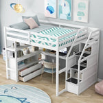 ZUN Full Size Loft Bed with Desk and Shelves, Two Built-in Drawers, Storage Staircase, White 48024197