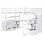 ZUN Full Size Loft Bed with Desk and Shelves, Two Built-in Drawers, Storage Staircase, White 48024197