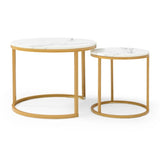 Set 2 Coffee Table Nesting White and gray top Golden Frame Circular Round and Marble Pattern Wooden 28285100