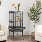 ZUN 65-inch Wrought Iron Large Rolling Bird Cage with Play Top and Stand for Parrots Lovebird Cockatiel 87150313