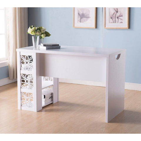 ZUN Modern white desk with attached bookcase with stamped out flower design finished on the backside B107P173524