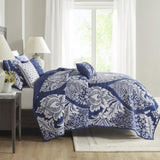 ZUN 6 Piece Printed Cotton Quilt Set with Throw Pillows Indigo Full/Queen B03597520