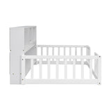 ZUN Twin Floor Bed with Bedside Bookcase,Shelves,Guardrails,White W504142771