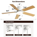 ZUN 42 Inch Modern Ceiling Fan With 3 Color Dimmable Light 5 Blades Remote Control Reversible DC Motor W882P164332