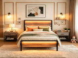 Twin Size Metal Wood Platform Bed Frame, 3-Spanel Wash Grey Wood Grain Headboard with LED Light & 55092829