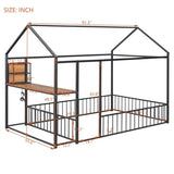 Full Size Metal Bed House Bed Frame with Desk, Shelves, Power Outlets and USB Ports, Black N737P173491B