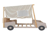 Wood Full Size Car Bed with Pillow, Ceiling Cloth and LED, Natural 41326780
