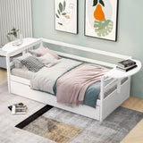 ZUN Twin Size Daybed with Trundle and Foldable Shelves on Both Sides,White 35819101