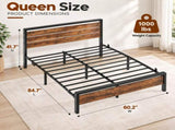 Queen Size Metal Wood Platform Bed Frame, 3-Panel Fire Burnt Brown Wood Grain Headboard with LED 63949330