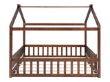 Full Size Wood Bed House Bed Frame with Fence, for Kids, Teens, Girls, Boys,Walnut WF302177AAL