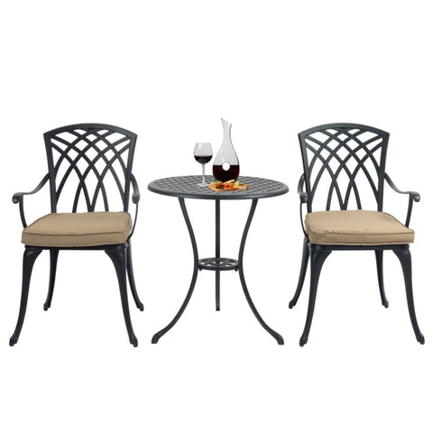 ZUN 3 Piece Bistro Table Set Cast Aluminum Outdoor Patio Furniture with Umbrella Hole and Grey Cushions W2505P151716