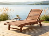 Reddish Brown 3-Position Reclining Outdoor Chaise Wooden Pool Lounge with Built-in Side Table & 28850754