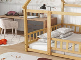 Full Size House Floor Wooden Bed with Roof Frame, Safety Guardrails,Natural W504P370560