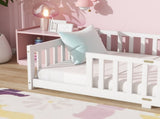 Twin Size Floor Bed with Fence without Door, Rubber Wood Floor Bed with Safety Guardrails,White W504P429335