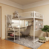 Full size loft metal bed with white for bedroom and dormitory, with built-in charging station and 12090426
