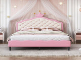 Full Size Lovely Crown Fantasy PU Leather Princess Bed with Tufted Headboard, PinkCream 47837791