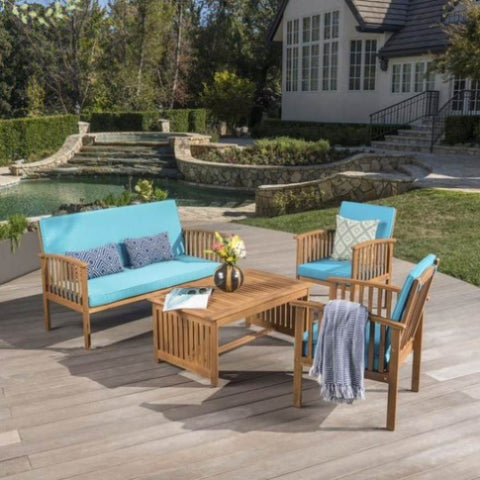 ZUN Outdoor Acacia Wood Sofa Set with Water Resistant Cushions, 4-Pcs Set, Brown Patina / Teal 59116.00T