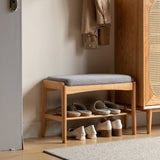 (Beige) Natural Solid Wood Shoe Bench, Mid-Century Modern Storage Bench with High Rebound Sponge W1283P298090