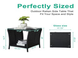 Outdoor Patio Wicker Side Table, Square End Table Bistro Coffee Table with Glass Top Storage Shelf 78280001