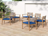Braided Acacia Wood Outdoor Dining Chairs Set of 2 Teak Look with Beige Rope & Navy Cushions, N770P286668N