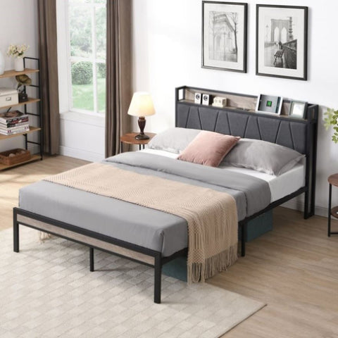 ZUN Full Size Metal Platform Bed Frame with upholstery storage function Headboard and USB LINER and W2297P217833