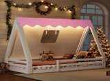 Twin Size House Floor Bed with Tent and Light, Solid Wood Teepee Floor Bed with Full-length W1580P369465