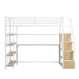 ZUN Twin Size Metal Loft bed with Staircase, Built-in Desk and Storage Shelves, White 68735084