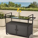 ZUN Outdoor Bar Cart Table, Large Wicker Island Rolling Cart, Wheeled Buffet Serving Cart with Glass Top 27563014