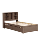 Modern Twin Size Bed Frame With Built-in USB Port on Bookcase Headboard and 2 Drawers for Walnut W697P152020