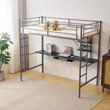 Twin Size Metal Bed with Desk and Storage Shelves, 2 Built-in Ladders & Full-Length Guardrails, 46259316