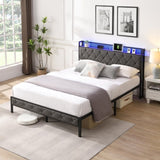 Queen Bed Frame Storage Headboard, Charging Station and LED Lights, Upholstered Platform Bed 09464391