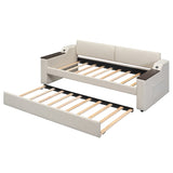 Twin Size Upholstery Daybed with Storage Arms, Trundle and USB Design, Beige 06512731