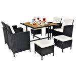 ZUN 9 Piece Acacia Wood Patio Dining Set, Space Saving Wicker Chairs with Soft Cushions and Wood Table, 31593959