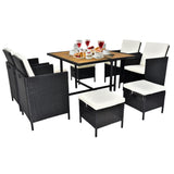 ZUN 9 Piece Acacia Wood Patio Dining Set, Space Saving Wicker Chairs with Soft Cushions and Wood Table, 31593959