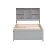 ZUN Modern Twin Size Bed Frame With Built-in USB Port on Bookcase Headboard and 2 Drawers for Grey Color W697P152021