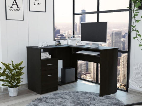 ZUN Mix L-Shaped Desk, Keyboard Tray, Two Drawers, Single Open Shelf -Black B20091961