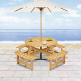 ZUN Outdoor 8 Person Picnic Table, 8 person Round Picnic Table with 4 Built-in Benches, Umbrella Hole, W2275P149764