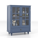 Minimalist Blue Buffet Cabinet with Double Glass Doors and Drawer, Modern Wooden Storage Sideboard W2557P307944