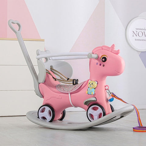 ZUN Rocking Horse Toddlers , Balance Bike Ride On Toys with Push Handle, Backrest and Balance Board W509107491