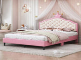 Full Size Lovely Crown Fantasy PU Leather Princess Bed with Tufted Headboard, PinkCream 47837791