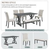 ZUN 6-Piece Retro Rectangular Dining Table Set, Table with Unique Legs and 4 Upholstered Chairs & 1 47136174