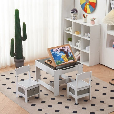 ZUN Children's Wooden Table And Chair Set With Two Storage Bags Grey And 60310011