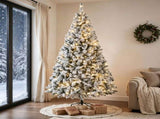 7.5 Foot Flocked Fir Christmas Tree Pre Lit Hinged Xmas Tree with LEDs Foldable Metal Base Green 51738926