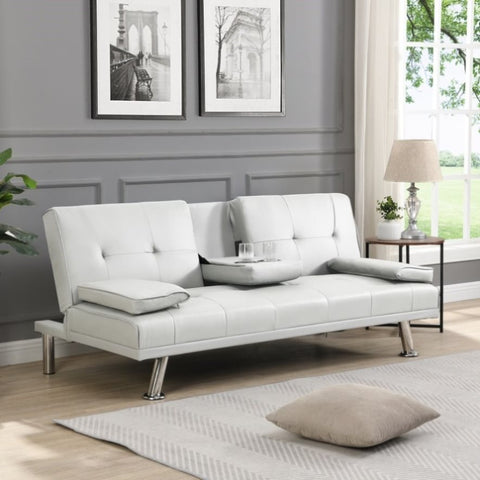 ZUN Sofa Bed with Armrest two holders WOOD FRAME, STAINLESS LEG, FUTON WHITE PVC W214104918